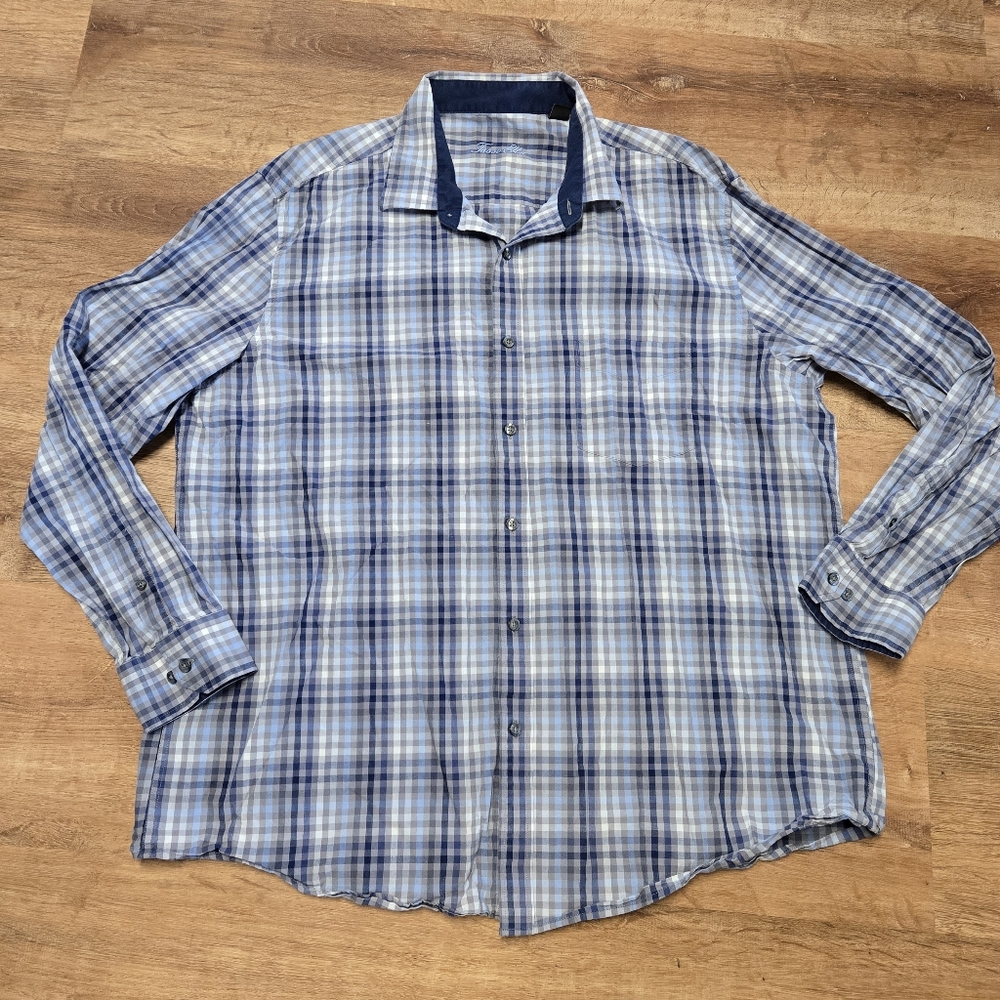 Tasso Elba Blue Casual Button Down Shirt with Plaid Design XXL